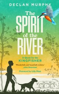 Book cover of The Spirit of the River by Declan Murphy, showing a man and a dog searching for a kingfisher. Green to yellow background.